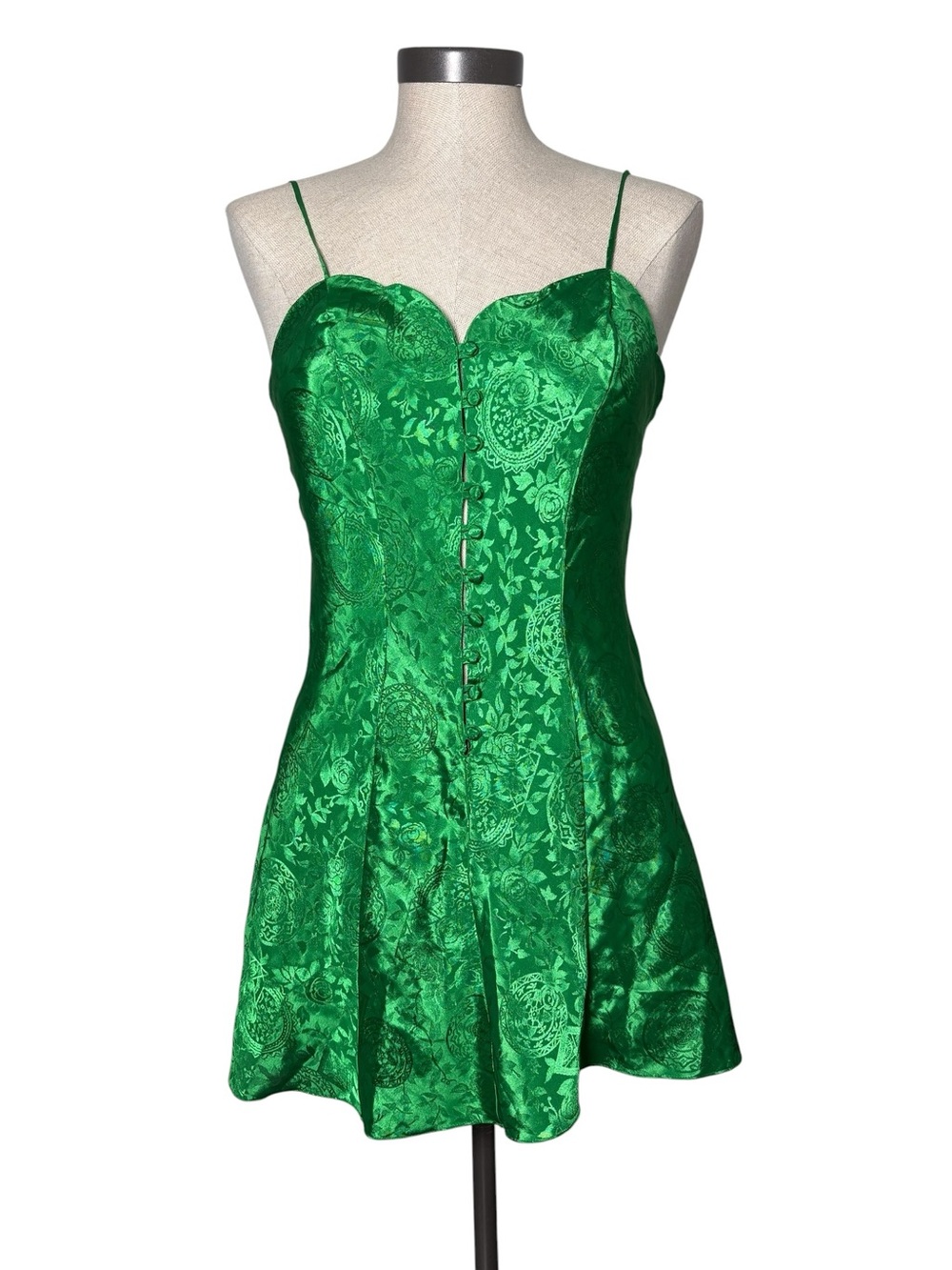 Vintage Victoria’s Secret Emerald Green Satin Jacquard Slip Dress XS Vintage